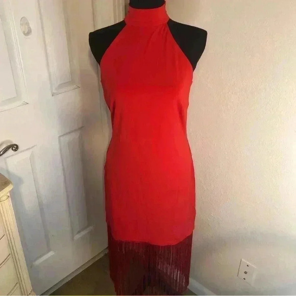🔥💃🏻High Neck Fringe Red Party Dress💃🏻🔥Large and Small - Picture 4 of 16